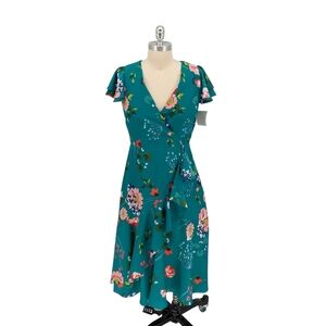 01497 Eliza J Floral Ruffle A Line Tea Dress Green size 6P preppy bohemian